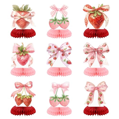 Weekgrat 9 Pcs Strawberry Centerpieces for Tables Bow Strawberry Birthday Shortcake Decorations Berry First Birthday Decorations for Summer Fruits Baby Shower Party Favor Supplies - Image 1