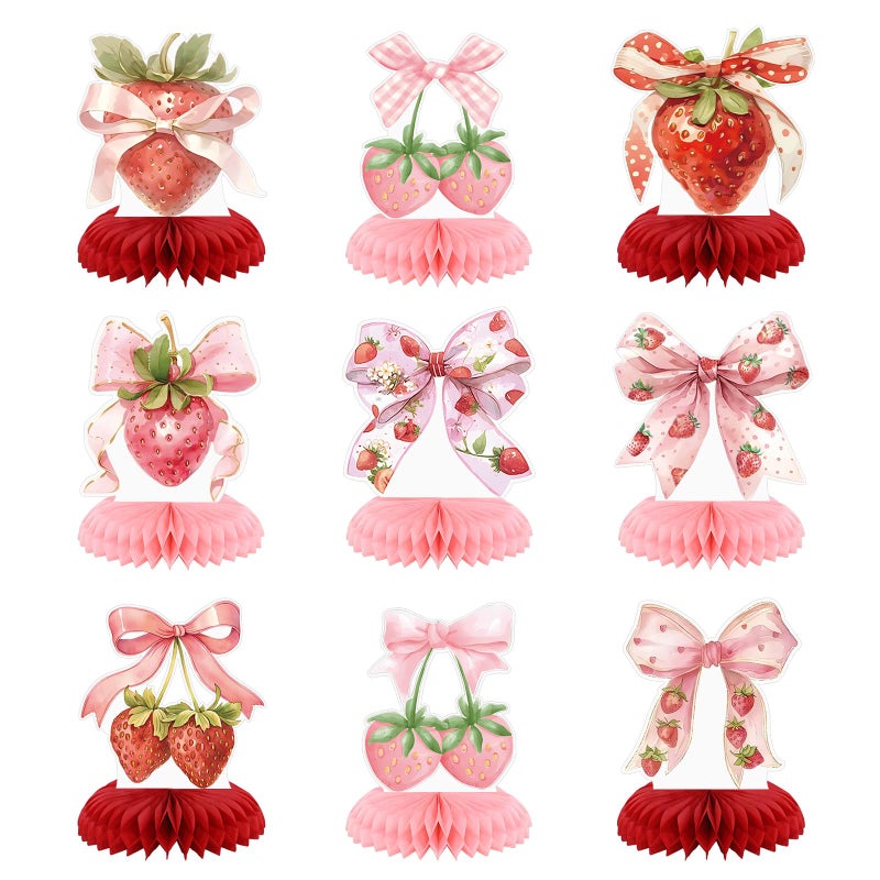 Weekgrat 9 Pcs Strawberry Centerpieces for Tables Bow Strawberry Birthday Shortcake Decorations Berry First Birthday Decorations for Summer Fruits Baby Shower Party Favor Supplies - Image 3