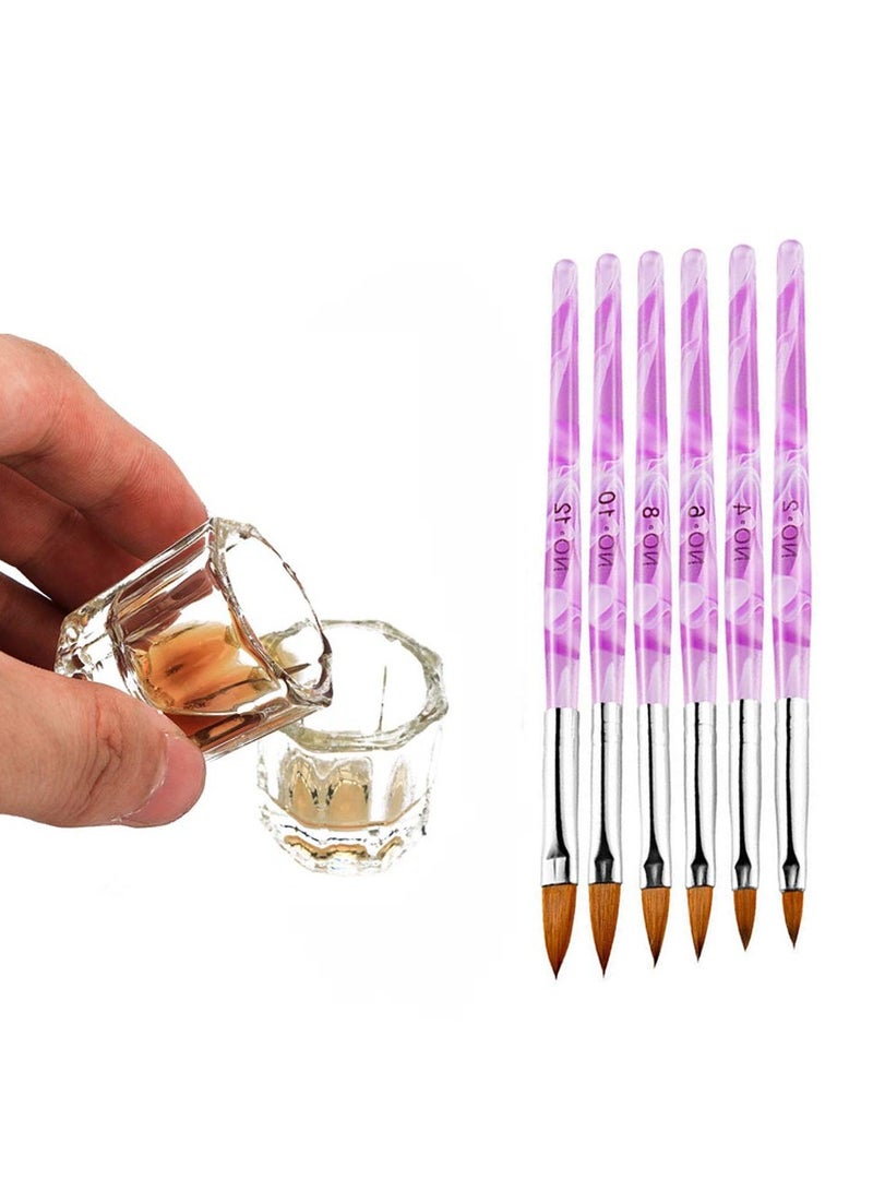 Excefore 2Pcs Nail Art Dappen Dish with 6Pcs Acrylic Nail Brush Set, Acrylic Liquid Powder Styling Tool, Mini Glass Nail Cup with Lid Glass Crystal Bowl Acrylic UV Gel DIY Brush Nail Crystal Cup Set - Image 4