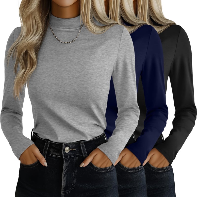 Ficerd 3 Pack Womens Mock Turtleneck Shirts Long Sleeve Mock Neck Pullover Tops Slim Fitted Stretch Undershirt Tee BlouseBlack Navy Blue Light GrayLarge - Image 2
