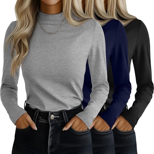 Ficerd 3 Pack Womens Mock Turtleneck Shirts Long Sleeve Mock Neck Pullover Tops Slim Fitted Stretch Undershirt Tee BlouseBlack Navy Blue Light GrayLarge - Image 1