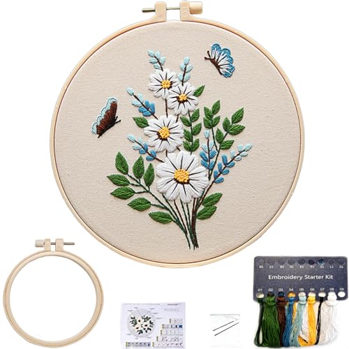 FONNUY Embroidery Kit for BeginnersPlants Flowers PreStamped Pattern Kits for Adults with Hoop Easy to Follow Needlework Butterfly Flower - Image 1