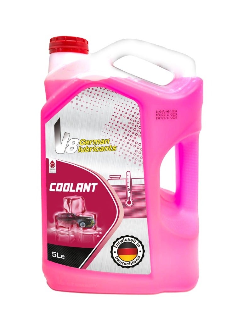 في 8 للزيوت المعدنية سائل تبريد الردياتير الوردي من V8 German Lubricant – سعة 5 لتر | مضاد تجمد طويل الأمد | حماية فائقة من التآكل وارتفاع الحرارة | مثالي للمركبات الحديثة - Image 1