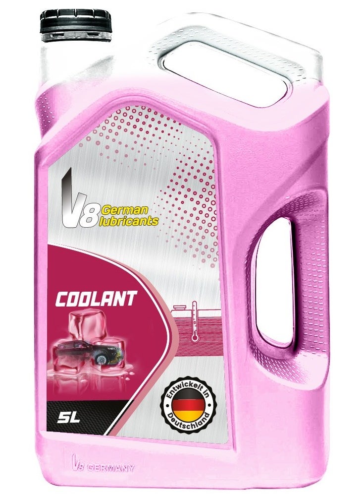 في 8 للزيوت المعدنية سائل تبريد الردياتير الوردي من V8 German Lubricant – سعة 5 لتر | مضاد تجمد طويل الأمد | حماية فائقة من التآكل وارتفاع الحرارة | مثالي للمركبات الحديثة  - Image 1