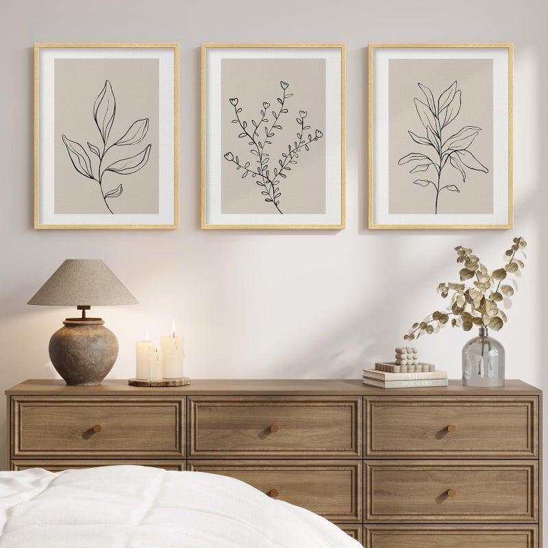 Cuspin Framed Botanical Line Bedroom Wall Art 3 Piece Neutral Leaf Print for Room Wall Decor Minimalist Beige Plant Artwork for Walls Botanical Picture for Living Room Guest Room Hallway Decor 12x16 Inch - Image 2