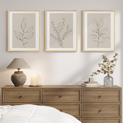 Cuspin Framed Botanical Line Bedroom Wall Art 3 Piece Neutral Leaf Print for Room Wall Decor Minimalist Beige Plant Artwork for Walls Botanical Picture for Living Room Guest Room Hallway Decor 12x16 Inch - Image 1