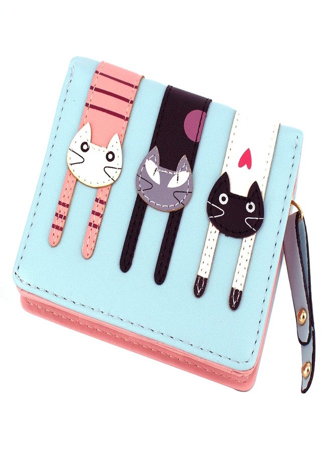 Valentoria® Birthday Gifts for Women's Mini Faux Leather Bifold 3 Cat Design Clutch Wallet (Teal Blue) - Image 1