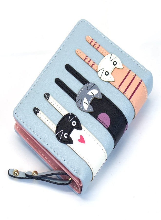 Valentoria® Birthday Gifts for Women's Mini Faux Leather Bifold 3 Cat Design Clutch Wallet (Teal Blue) - Image 3