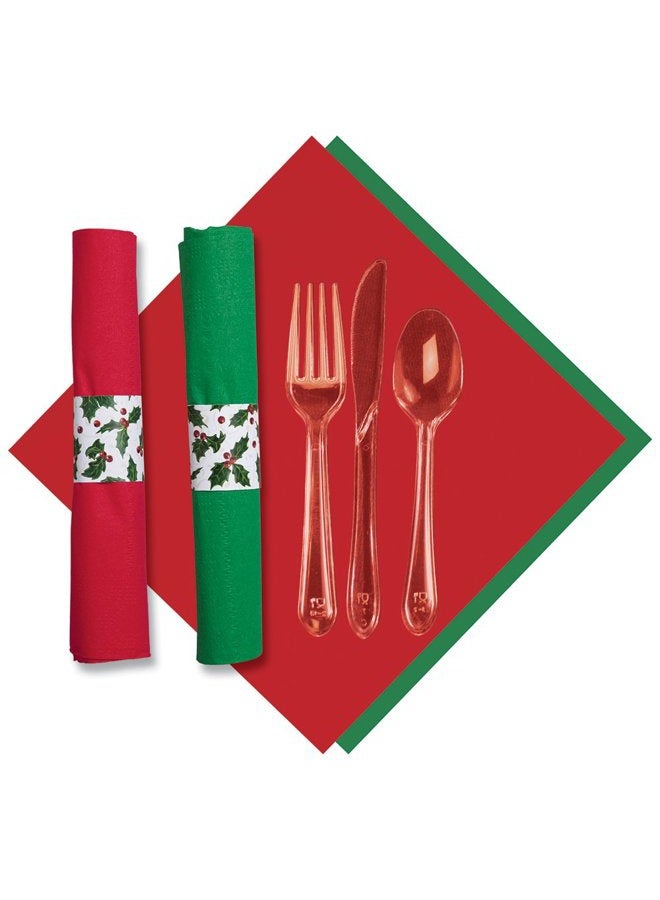 119995 Holly CaterWrap, Pre-Rolled Red/Jade 2-Ply Dinner Napkins and Heavy Weight Clear Cutlery (2 Bags of 50)