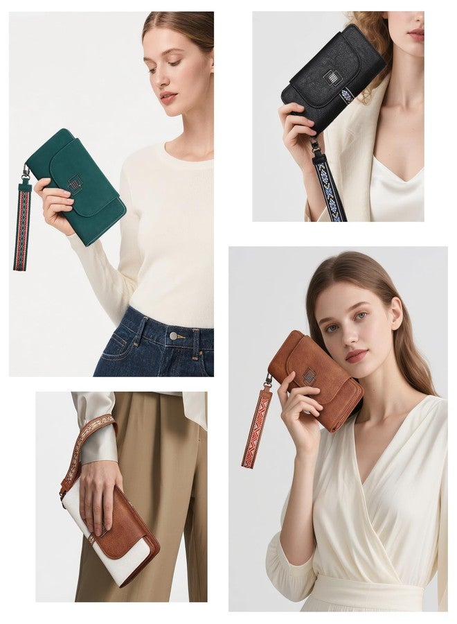 FADEON Leather Wallets for Women, Large RFID Blocking Trifold Wristlet Purse with Credit Card Holder Organizer, Beige Contrast Brown, 4.13 inches x 2.13 inches x 7.87 inches, Vintage - Image 2