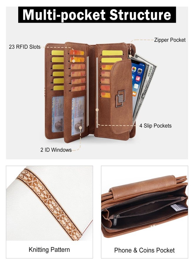 FADEON Leather Wallets for Women, Large RFID Blocking Trifold Wristlet Purse with Credit Card Holder Organizer, Beige Contrast Brown, 4.13 inches x 2.13 inches x 7.87 inches, Vintage - Image 3