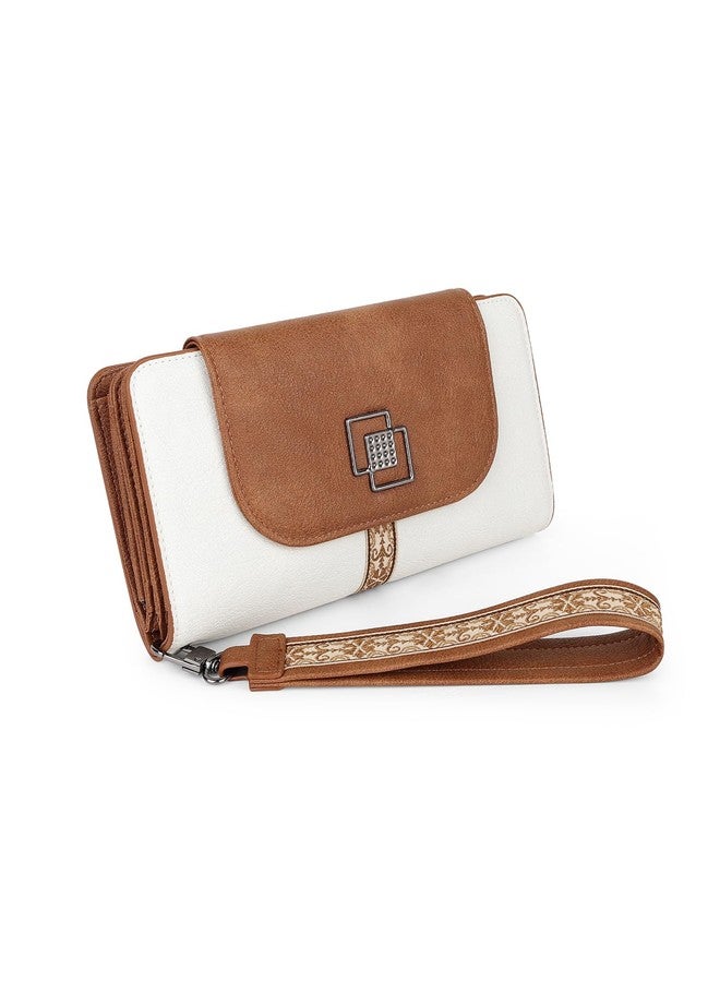 FADEON Leather Wallets for Women, Large RFID Blocking Trifold Wristlet Purse with Credit Card Holder Organizer, Beige Contrast Brown, 4.13 inches x 2.13 inches x 7.87 inches, Vintage - Image 1
