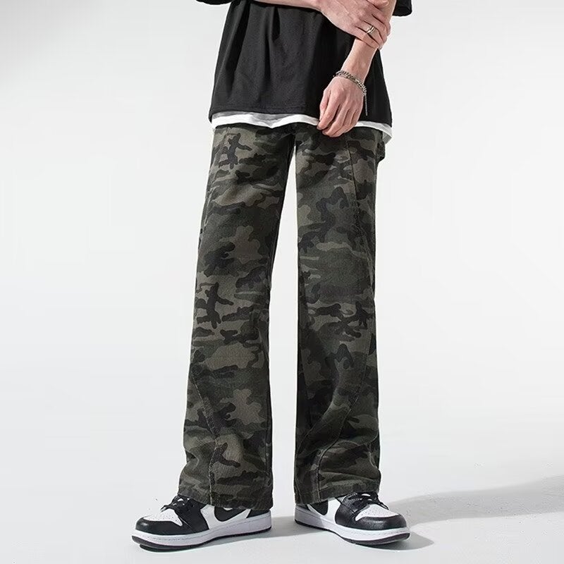 New American Vibe Retro Camouflage Overalls New Men And Women High Street Army Green Wide Leg Pants Casual Jeans - Image 4