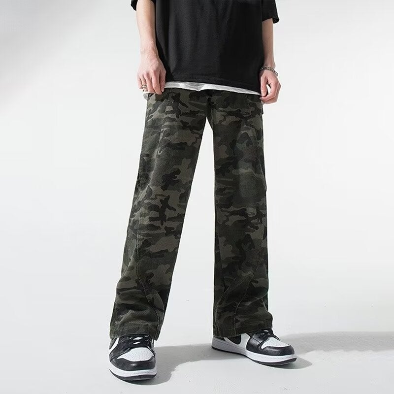 New American Vibe Retro Camouflage Overalls New Men And Women High Street Army Green Wide Leg Pants Casual Jeans - Image 3