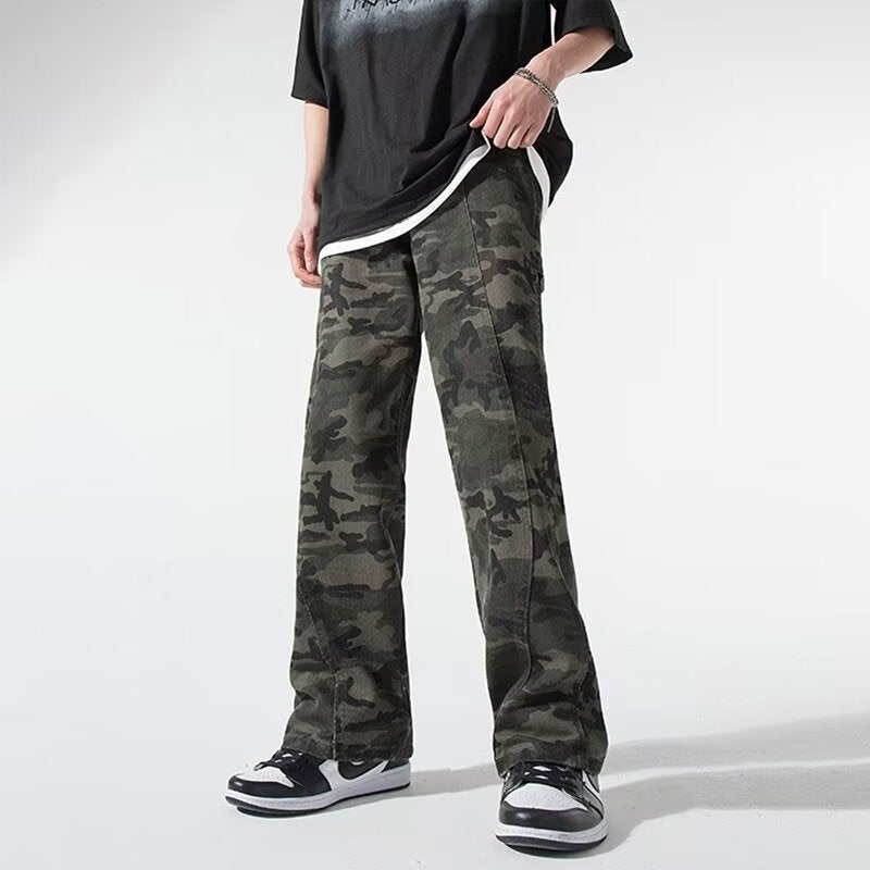 New American Vibe Retro Camouflage Overalls New Men And Women High Street Army Green Wide Leg Pants Casual Jeans - Image 1