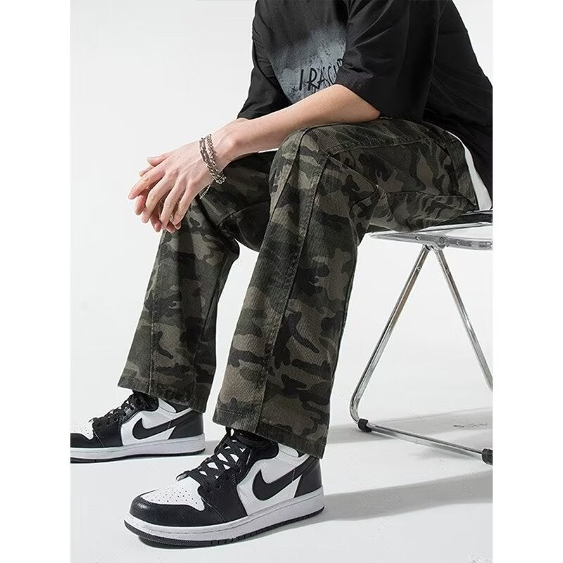 New American Vibe Retro Camouflage Overalls New Men And Women High Street Army Green Wide Leg Pants Casual Jeans - Image 5