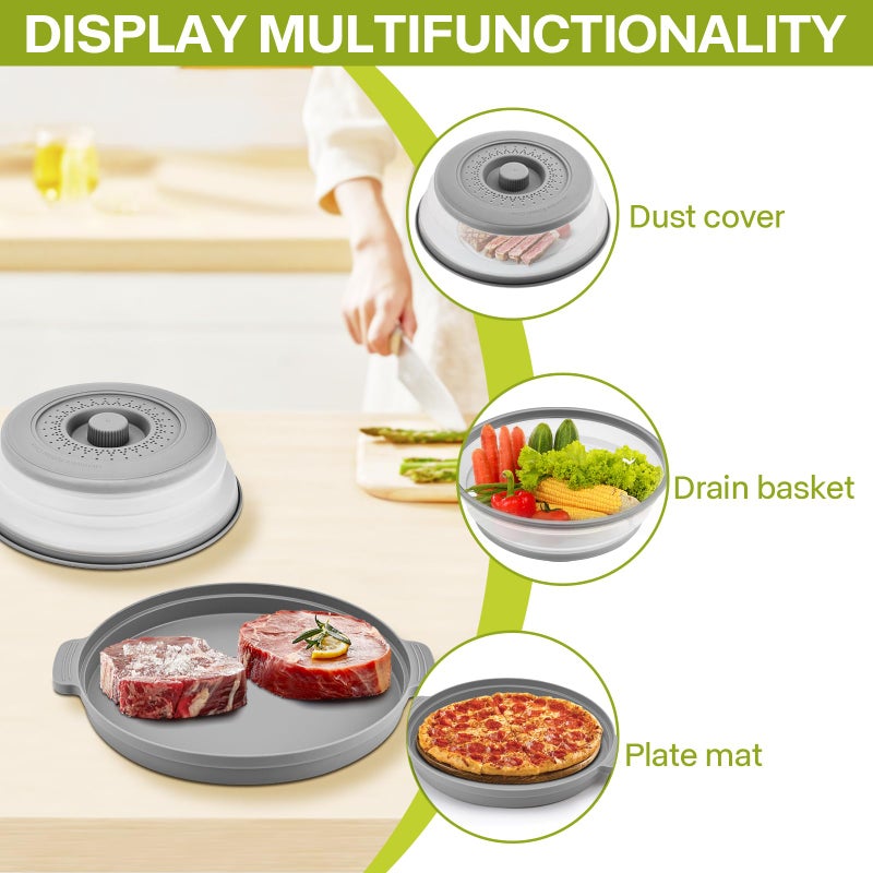 Saebume 2 Pack Microwave Splatter Cover for Food with Anti-scald Base Plate,Large Plastic & Silicone Vented Avoid Scalding Collapsible Guard Lid,Kitchen Essential Gadgets for Meal Prep-10.7 Inch - Image 4