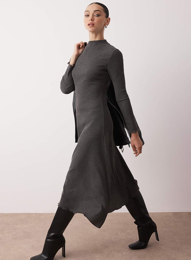 trendyol Anthracite Asymmetric Hem Detail Stand Collar Stretchy Straight Maxi Knitted Dress - Image 1
