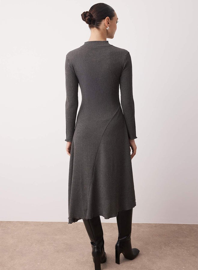 trendyol Anthracite Asymmetric Hem Detail Stand Collar Stretchy Straight Maxi Knitted Dress - Image 4