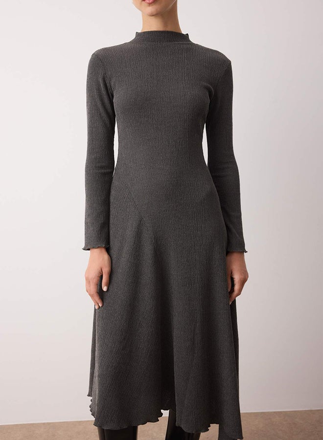 trendyol Anthracite Asymmetric Hem Detail Stand Collar Stretchy Straight Maxi Knitted Dress - Image 3