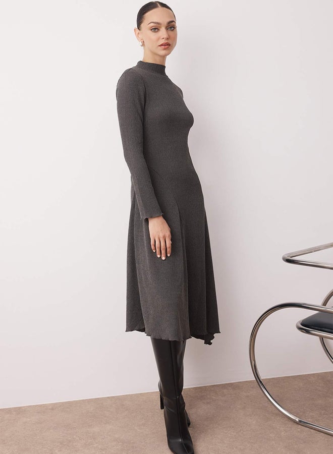 trendyol Anthracite Asymmetric Hem Detail Stand Collar Stretchy Straight Maxi Knitted Dress - Image 2
