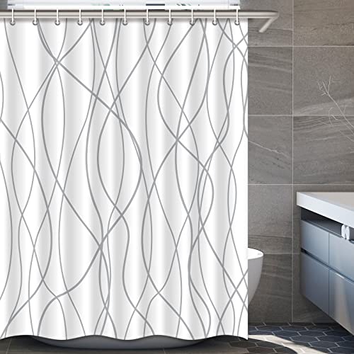 Punkray Grey and White Striped Fabric Shower Curtain for Bathroom with 12 Hooks Shower Curtains for Bathroom Weighted HemWaterproof Bath Accessories Hotel Style  Machine Washable
