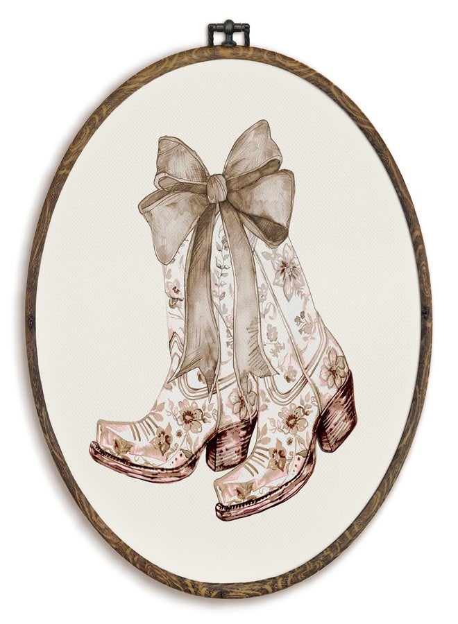 KFXHANGD Beige Cowgirl Bow Round Wall Art Framed, Cowgirls Wall Decor, Vintage Cowgirl Boot Canvas Wall Art Decor, Coquette Cowgirl Hanging Wall Decor for Teen Girls Dorm Room Bathroom, 10x10In - Image 1