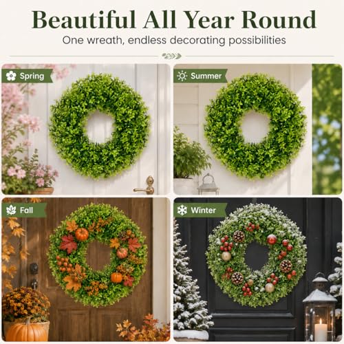 Vlorart 20 Inch Boxwood Wreaths for Front Door，Artificial Spring Wreath for Wall Farmhouse Wedding Front Porch Green Wreaths Year Round Indoor Outdoor for Summer Christmas Wreath Home Decorations - Image 5