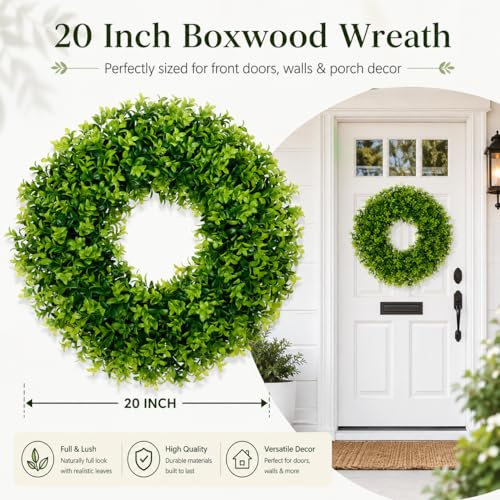 Vlorart 20 Inch Boxwood Wreaths for Front Door，Artificial Spring Wreath for Wall Farmhouse Wedding Front Porch Green Wreaths Year Round Indoor Outdoor for Summer Christmas Wreath Home Decorations - Image 3
