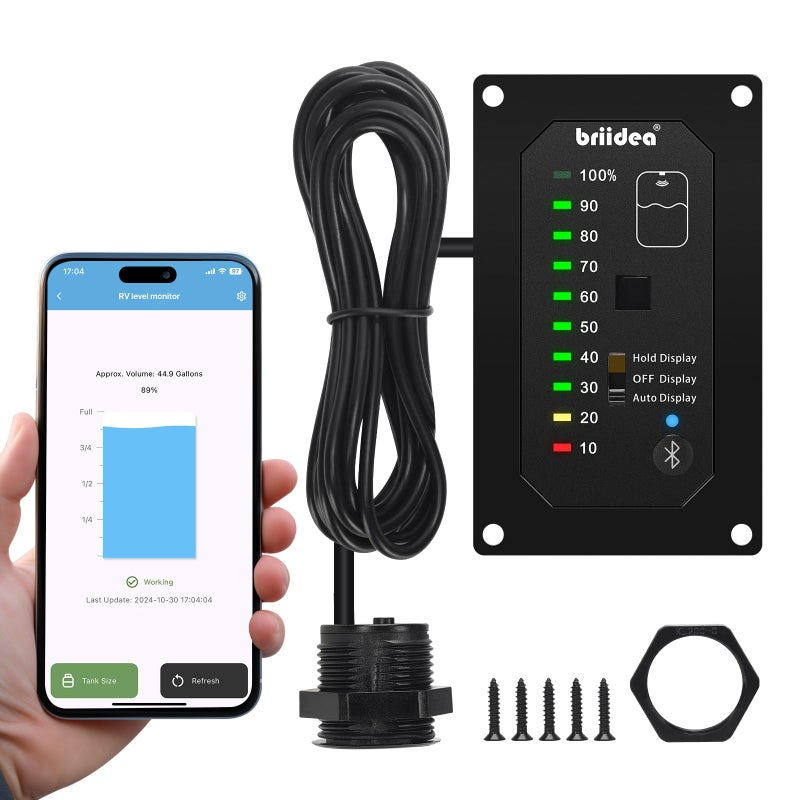 briidea Bluetooth RV Water Tank Level Sensor Monitor Indicator with App LED Display Precise Detection AutoSense Modes Ensures Water Supply for RVs Boats Caravans