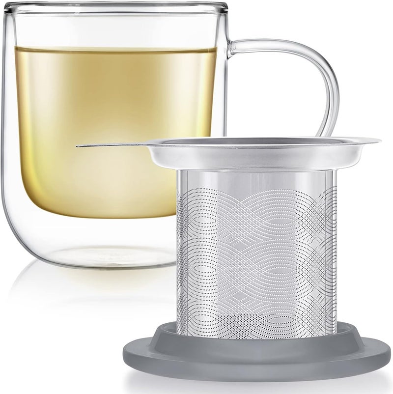Teabloom Tea-For-One Steeping Mug – Insulated Double Wall Glass Mug (12 oz), Stainless Steel Infuser, Porcelain Lid/Coaster – Great For Brewing Loose Leaf Tea - Image 5