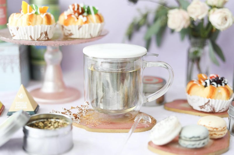Teabloom Tea-For-One Steeping Mug – Insulated Double Wall Glass Mug (12 oz), Stainless Steel Infuser, Porcelain Lid/Coaster – Great For Brewing Loose Leaf Tea - Image 2