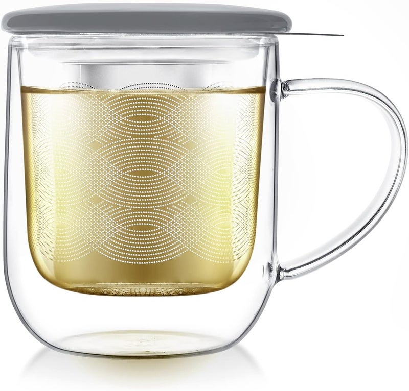 Teabloom Tea-For-One Steeping Mug – Insulated Double Wall Glass Mug (12 oz), Stainless Steel Infuser, Porcelain Lid/Coaster – Great For Brewing Loose Leaf Tea - Image 1