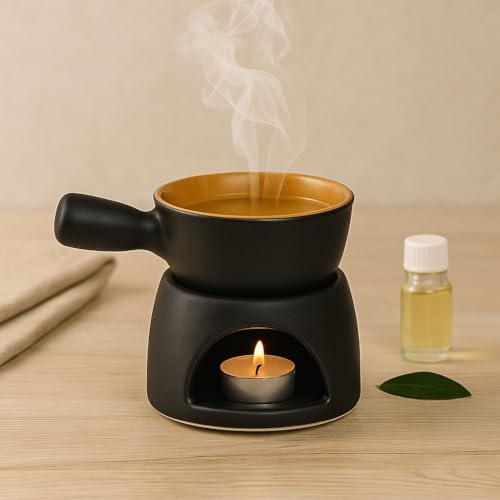 Pure Source India Ceramic Aroma Oil Diffuser Burner with Tealight Holder – Perfect for Essential Oils, Spa, Diwali Gifting, Yoga & Meditation (Foundue Black) - Image 1
