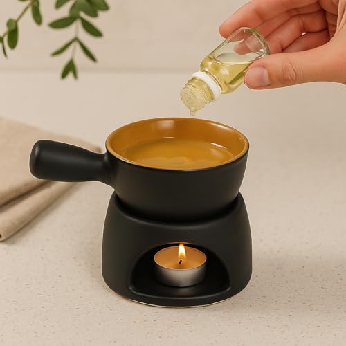 Pure Source India Ceramic Aroma Oil Diffuser Burner with Tealight Holder – Perfect for Essential Oils, Spa, Diwali Gifting, Yoga & Meditation (Foundue Black) - Image 2