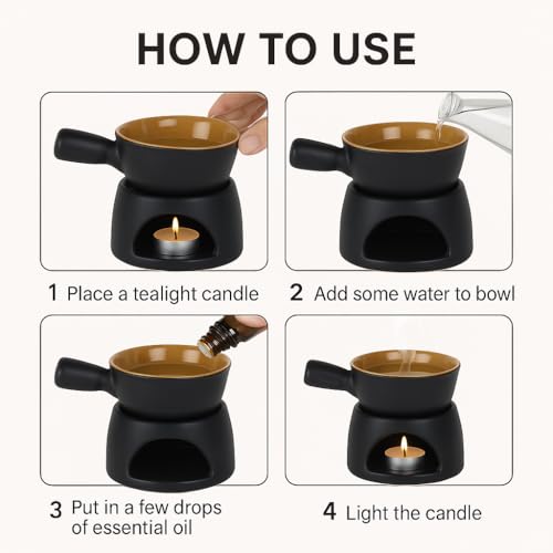 Pure Source India Ceramic Aroma Oil Diffuser Burner with Tealight Holder – Perfect for Essential Oils, Spa, Diwali Gifting, Yoga & Meditation (Foundue Black) - Image 4