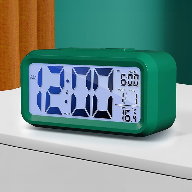 wolpin Digital Alarm Clock Desk Clock with Time Date Indoor Temperature Display Smart Night Light LCD for Home Kids Study Office Bedroom BatteryOperated Green