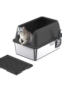 Large Stainless Steel Cat Litter Box with Litter Scoop Cat Toilet Cat Litter Tray High Wall Side Shell Non-Sticky Anti Splashing and Easy Clean 60*40*15cm