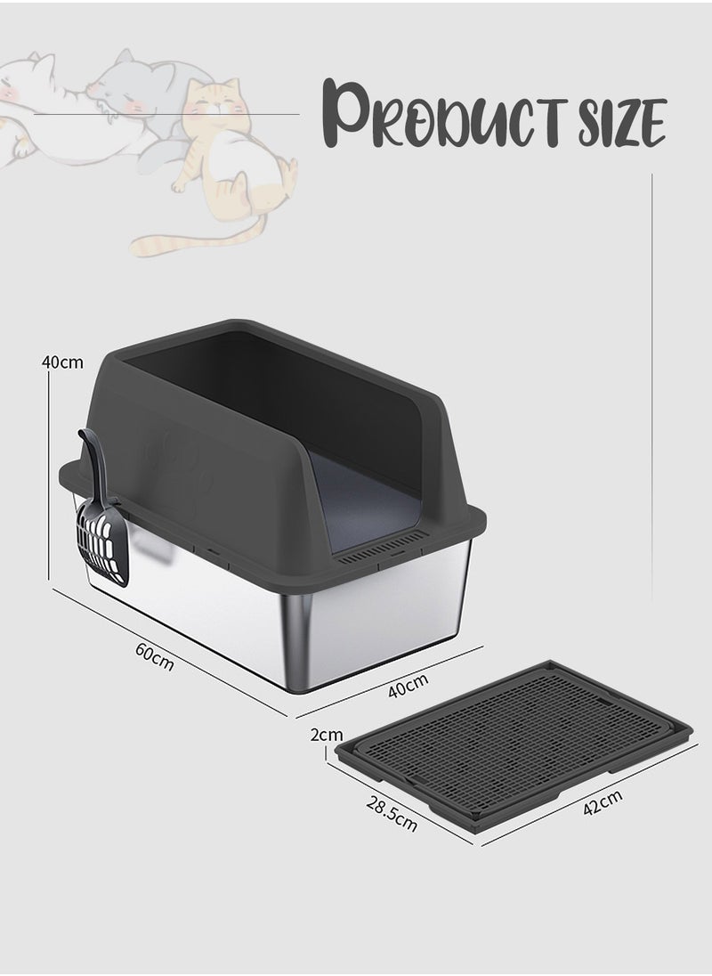 Kidle - Large Stainless Steel Cat Litter Box with Litter Scoop Cat Toilet Cat Litter Tray High Wall Side Shell Non-Sticky Anti Splashing and Easy Clean 60*40*15cm - Image 1