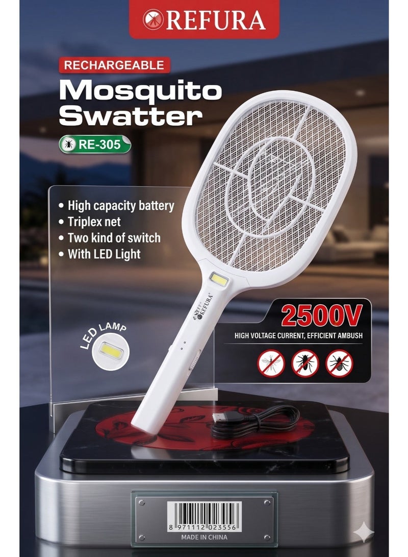 REFURA مضرب البعوض القابل لإعادة الشحن مع ضوء LED 2500 فولت أبيض RE-305 - Image 1