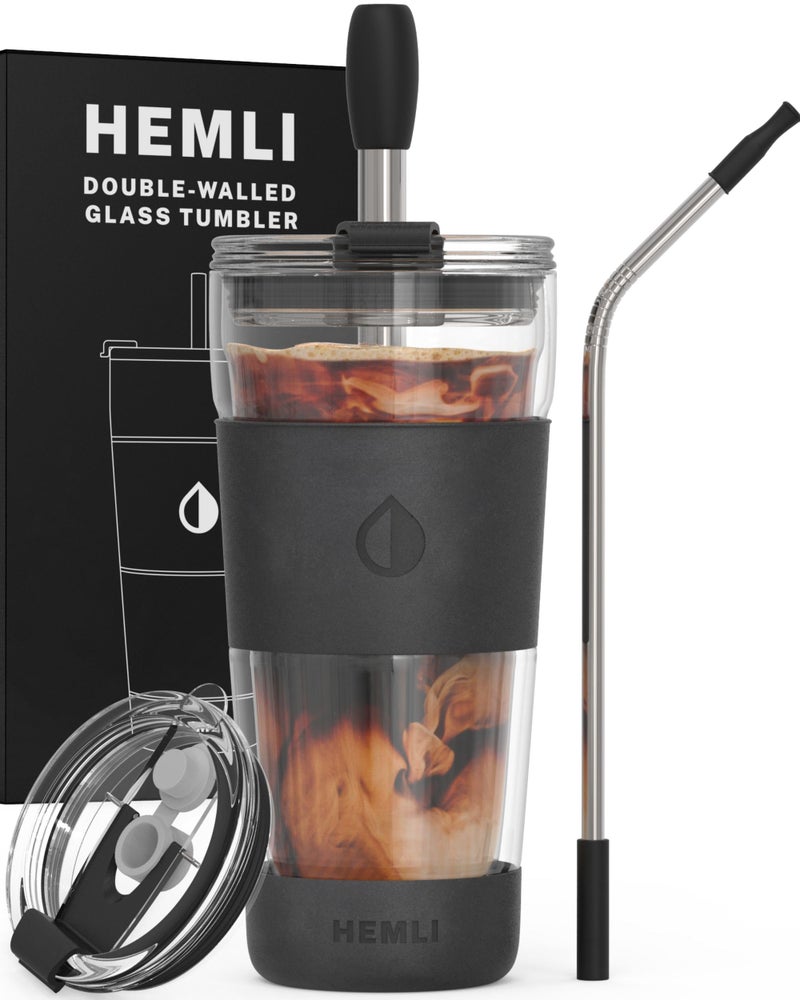 Hemli 19 oz Double Wall Glass Tumbler To Go Travel Mug with Lid Portable Glass Thermos with Straw Reusable Cup for Coffee Tea Smoothies Ice Coffee  Boba Black