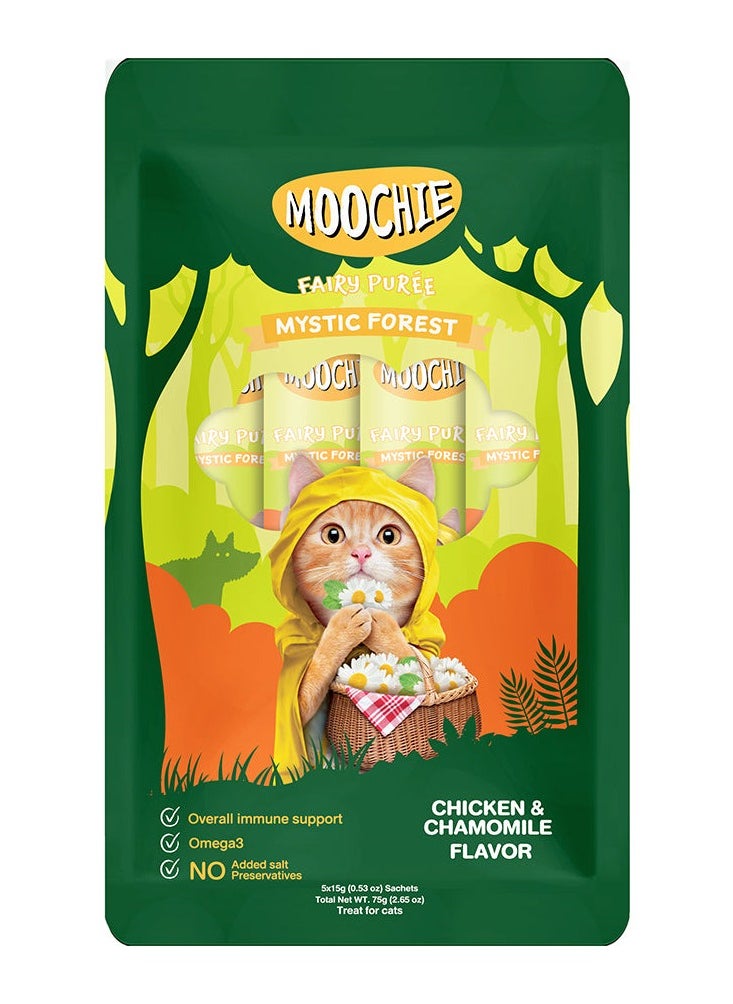 MOOCHIE Cat Wet Treat With Chicken, And Chamomile Flavor For Kitten And Adult Cats,5x15g , With Omega 3. 