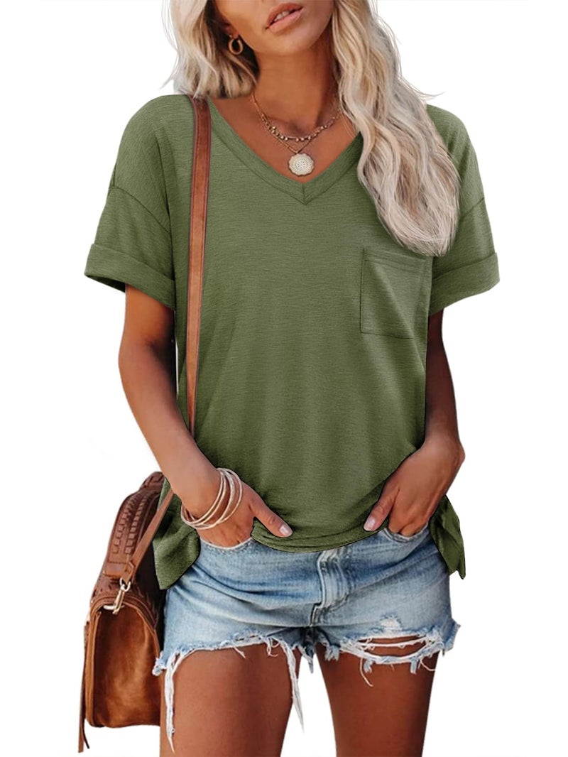 ATHMILE Womens T Shirts 2024 Short Sleeve V-Neck Shirts Cute Fit Summer Casual Tee Tops S-XXL Army Green - Image 1