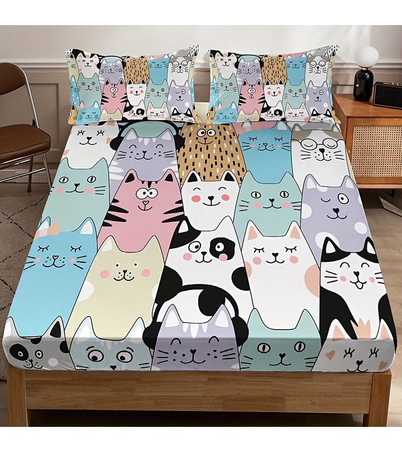 3Pcs King Size Multicolor Cat Animal Home High Definition Digital Print Bedding - Image 4