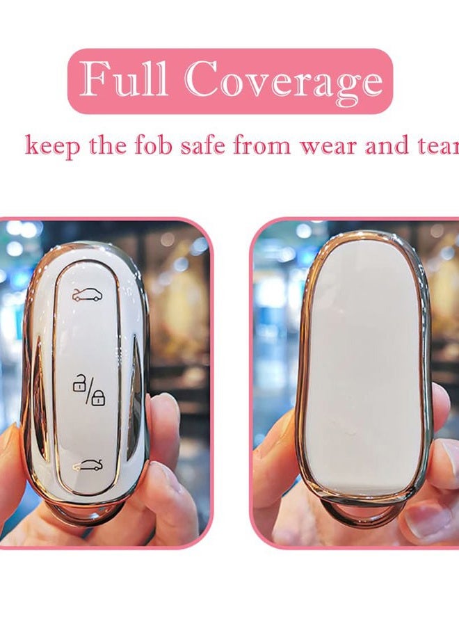 Cacacar Tesla Model X Key Fob Cover with Keychain, Full Cover Protection, Premium Soft TPU, Leather & Aluminum Alloy, Ivory - Image 2