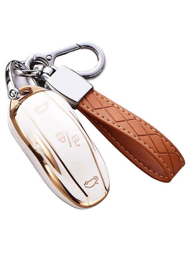 Cacacar Tesla Model X Key Fob Cover with Keychain, Full Cover Protection, Premium Soft TPU, Leather & Aluminum Alloy, Ivory - Image 1