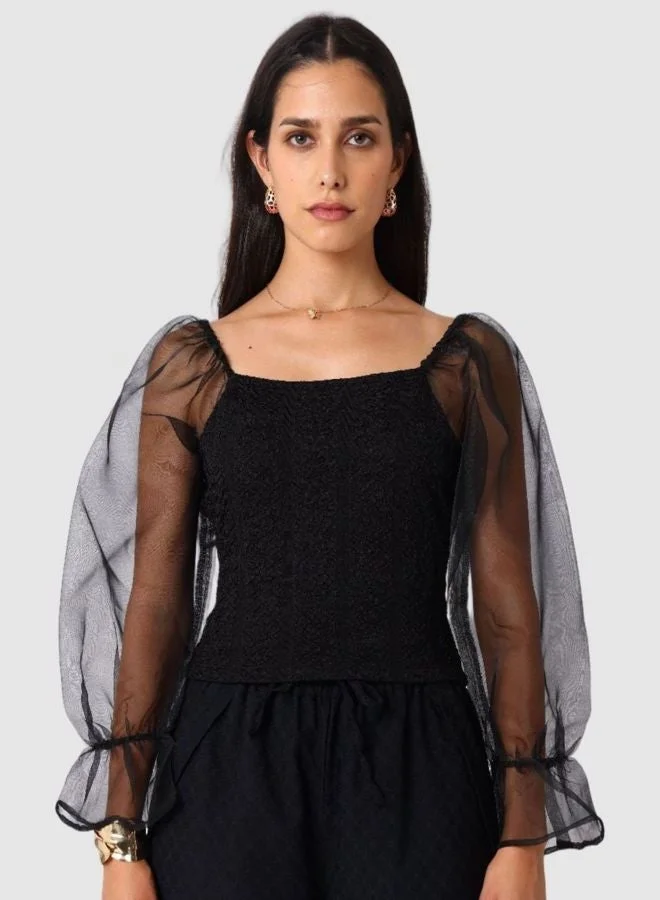 Women Regular Fit Textured Square Neck Long Sleeve Balloon Top