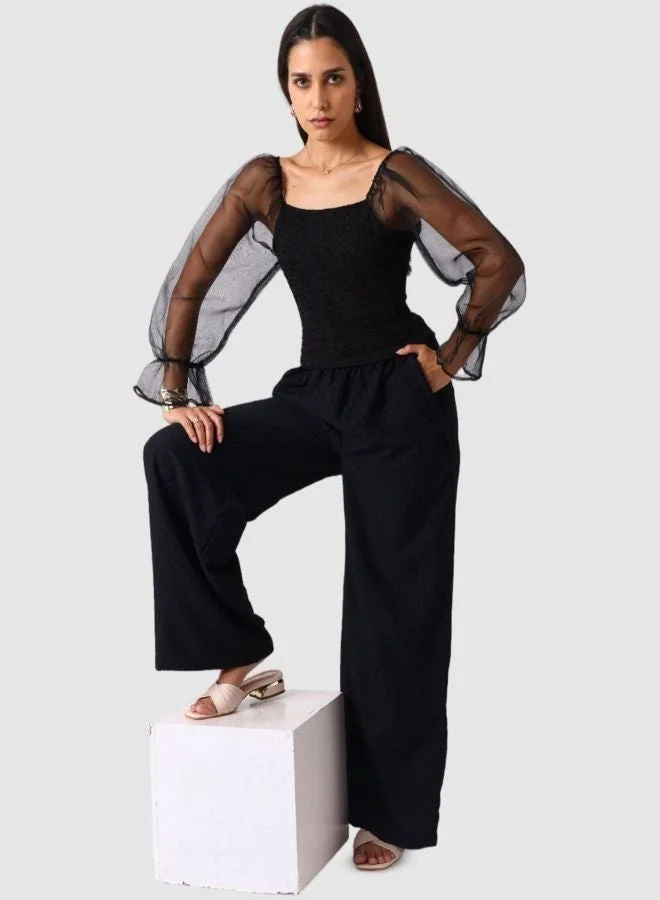 Freehand  Women Regular Fit Textured Square Neck Long Sleeve Balloon Top  | Best Price UAE
