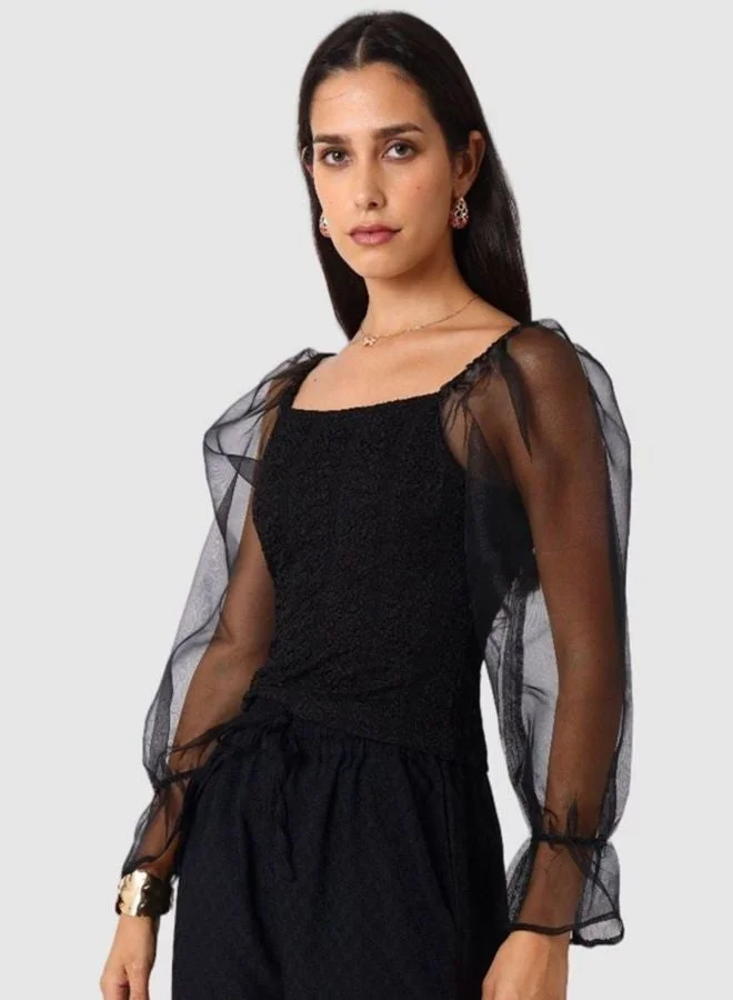 Freehand  Women Regular Fit Textured Square Neck Long Sleeve Balloon Top  | Best Price UAE