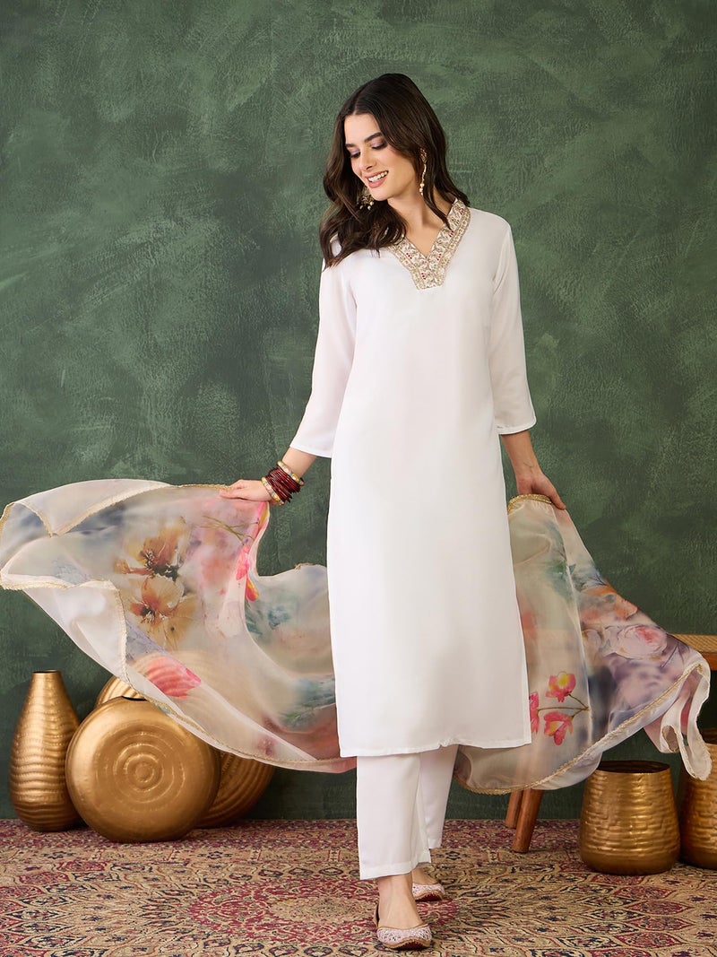 Naixa Women's Rayon Embroidered Straight Kurta with Pant and Dupatta Sets (NX-502-Offwhite-M) - Image 2